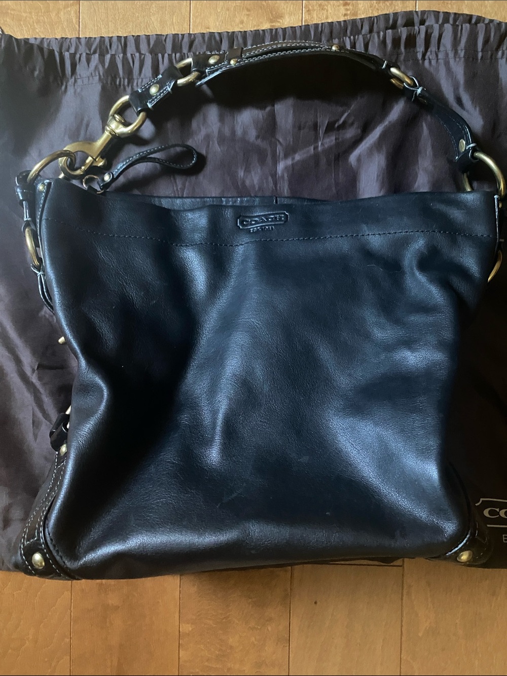 Coach Black Leather Shoulder Hobo with Brass Hardware